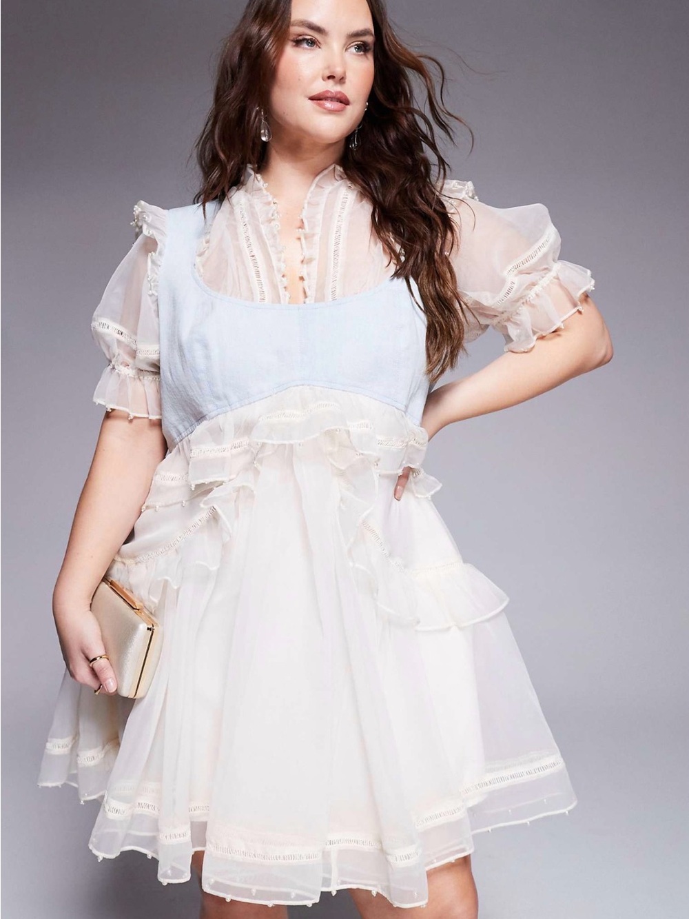 ASOS LUXE Curve Ivory Ruffle Mini Dress with Sheer Puff Sleeves and pearls - Picture 1 of 7